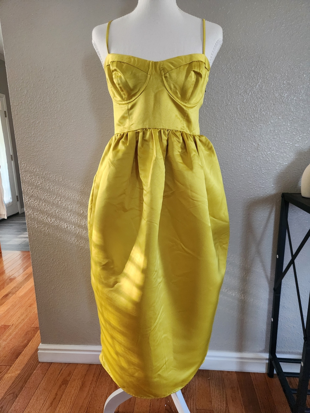 Structured Bust Yellow Midi Dress with Spaghetti Straps